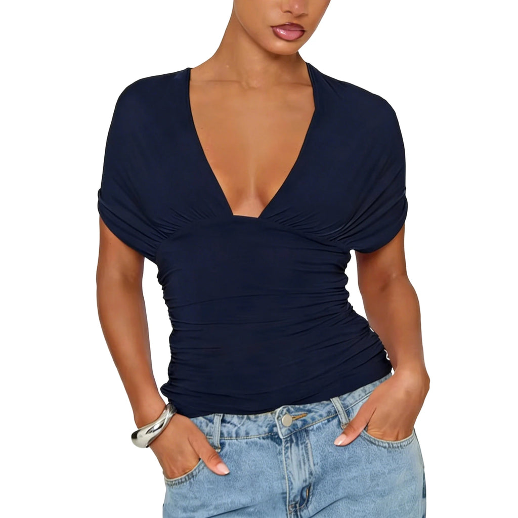 Womens Y2K Ruched Off The Shoulder Wrap Top With Cinched Waist Tie Back Halter