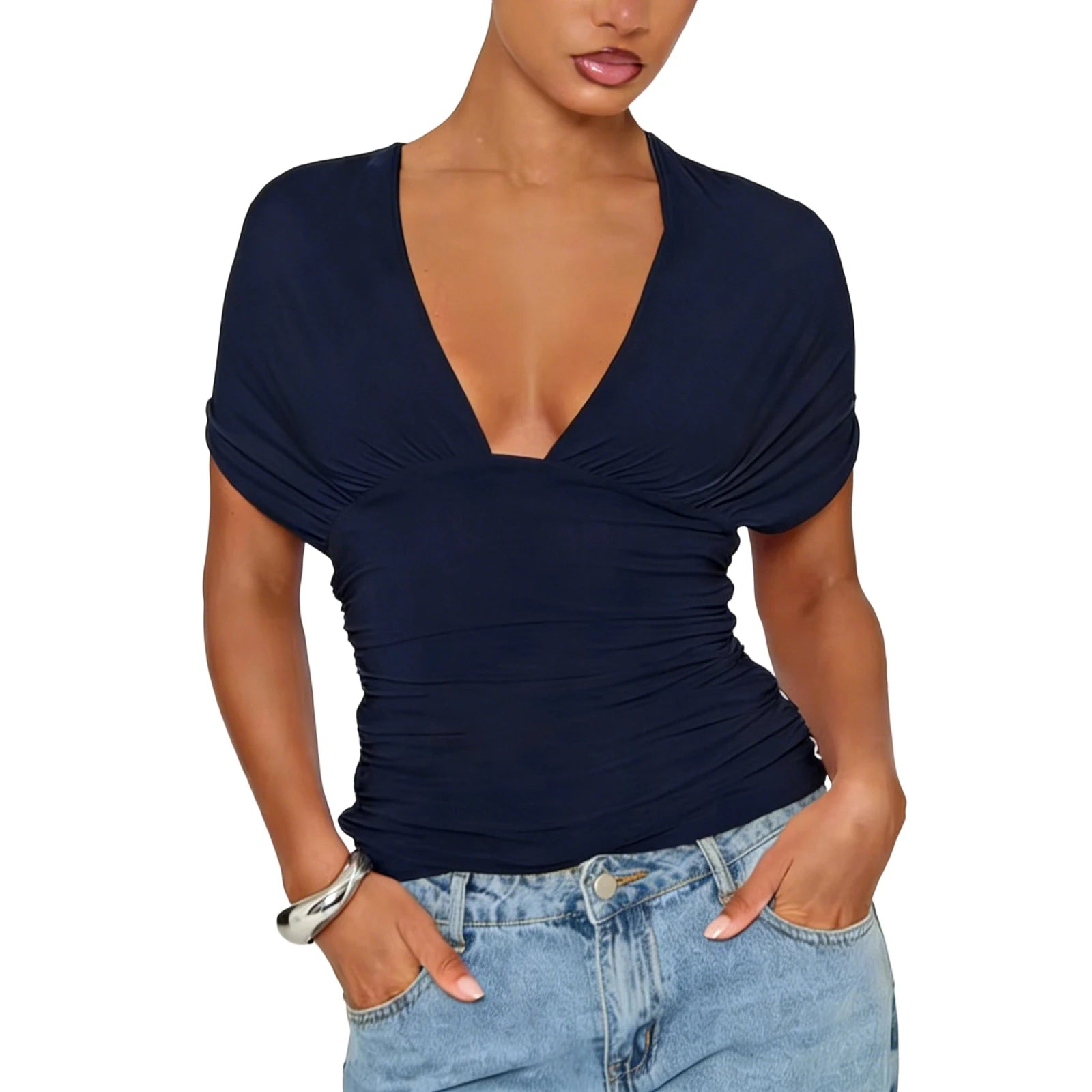 Womens Y2K Ruched Off The Shoulder Wrap Top With Cinched Waist Tie Back Halter