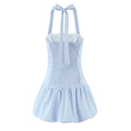 Stripes Tie Bow Halter Sling Satin Dress Women Low Waist Ball Gown Pleated
