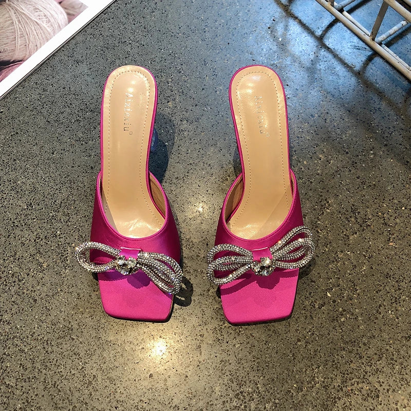 Rhinestone Butterfly Knot High Heel Sandals With Crystal Bow Mules