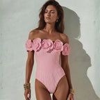 Women's One Piece Swimsuit Strapless 3D Floral Striped Monokini with Wire-free Padded