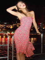 Heart Print Strapless Hip Wrap Sheath Dress
