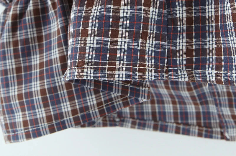 Sweet Plaid Chic Single Breasted Cropped Tops French Square Collar Puff Sleeve Blouse