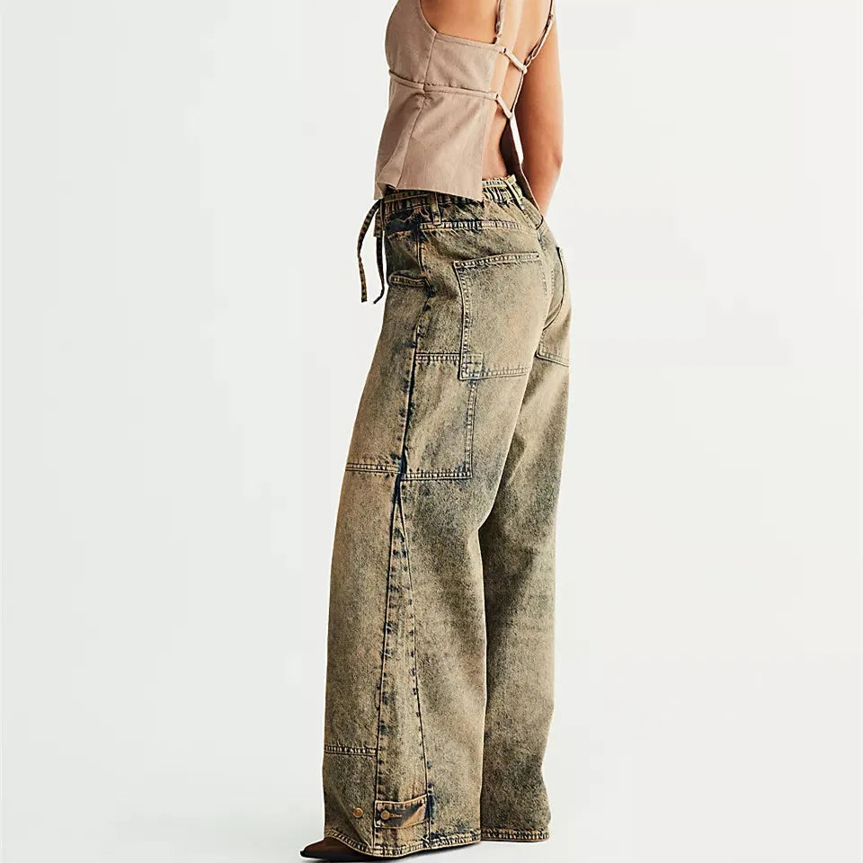 Relaxed Wide Leg Denim Jeans With Big Pockets Casual Baggy Trousers Vintage Streetwear Vibe