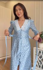 Printed Lace Patchwork Long Dress, Elegant Mid Sleeve V-Line Button Slit