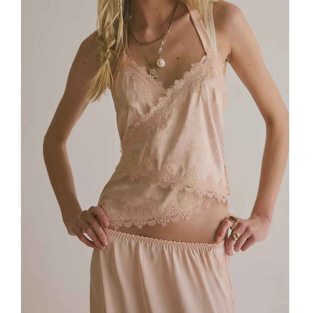Coquette Aesthetic Satin Lace Trim Sleeveless Backless Asymmetrical Camisole Tanks