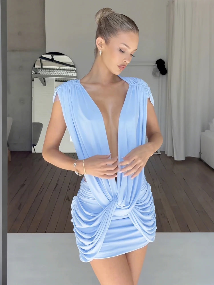 Patchwork Ruched Deep V Neck Sleeveless Backless Bodycon Dress