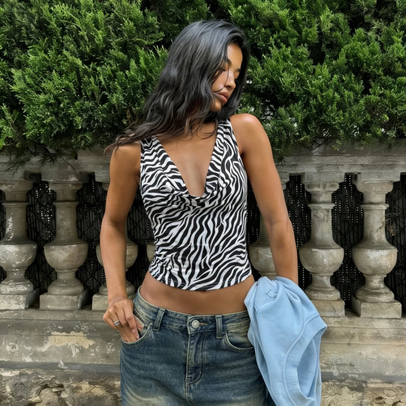 Zebra Print V Neck Backless Ruched Crop Tank Top