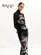 Printed Maxi Dress With Turtleneck And Long Sleeves Slim Fit