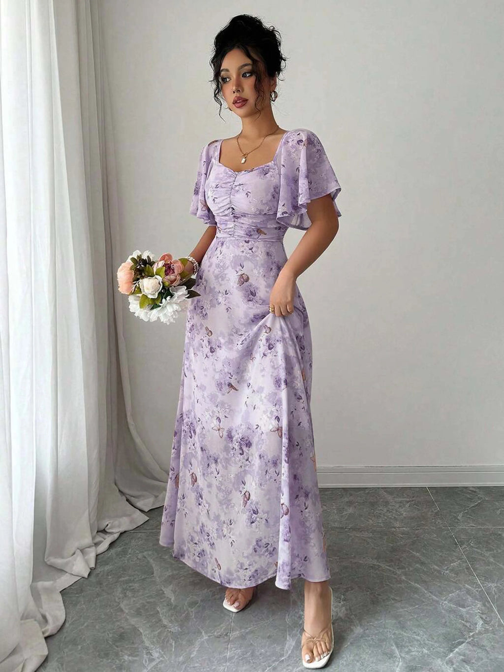 Purple Butterfly Print Mini Dress With Batwing Sleeves