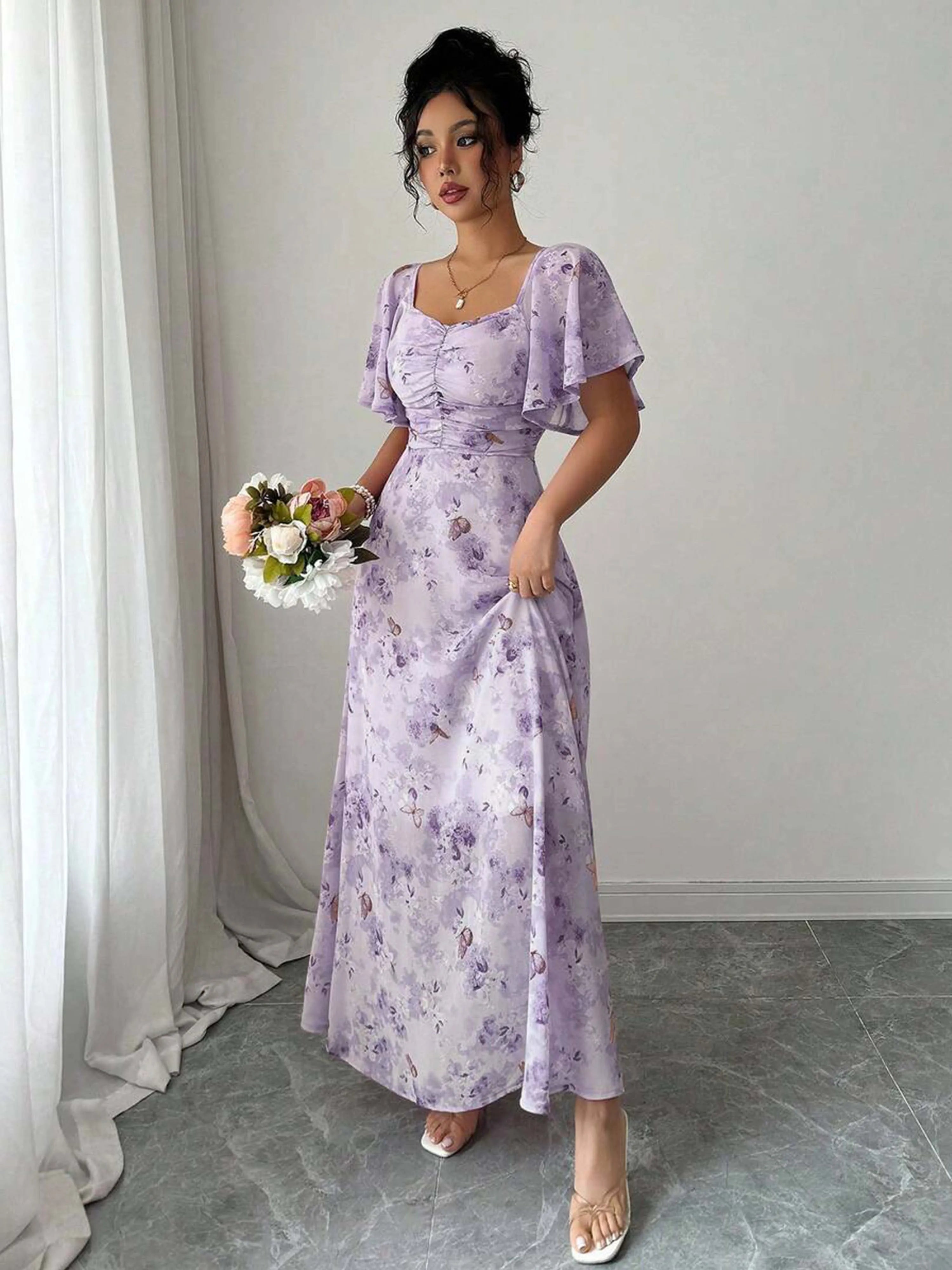 Purple Butterfly Print Mini Dress With Batwing Sleeves