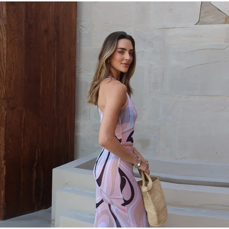 Sheer Mesh Body con Maxi Dress With Print
