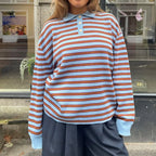 Vintage Rib Knitted Striped Collared Sweater Loose Long Sleeve Pullover Knit Top