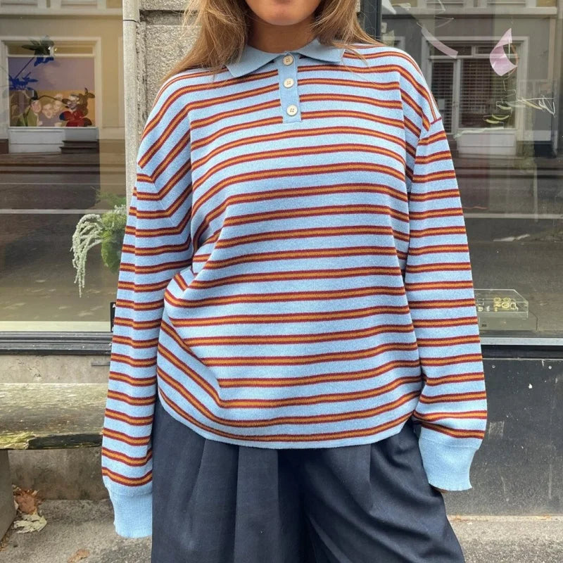 Vintage Rib Knitted Striped Collared Sweater Loose Long Sleeve Pullover Knit Top