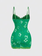 Lace Mini Dress With Spaghetti Straps High Waist Backless Retro Print