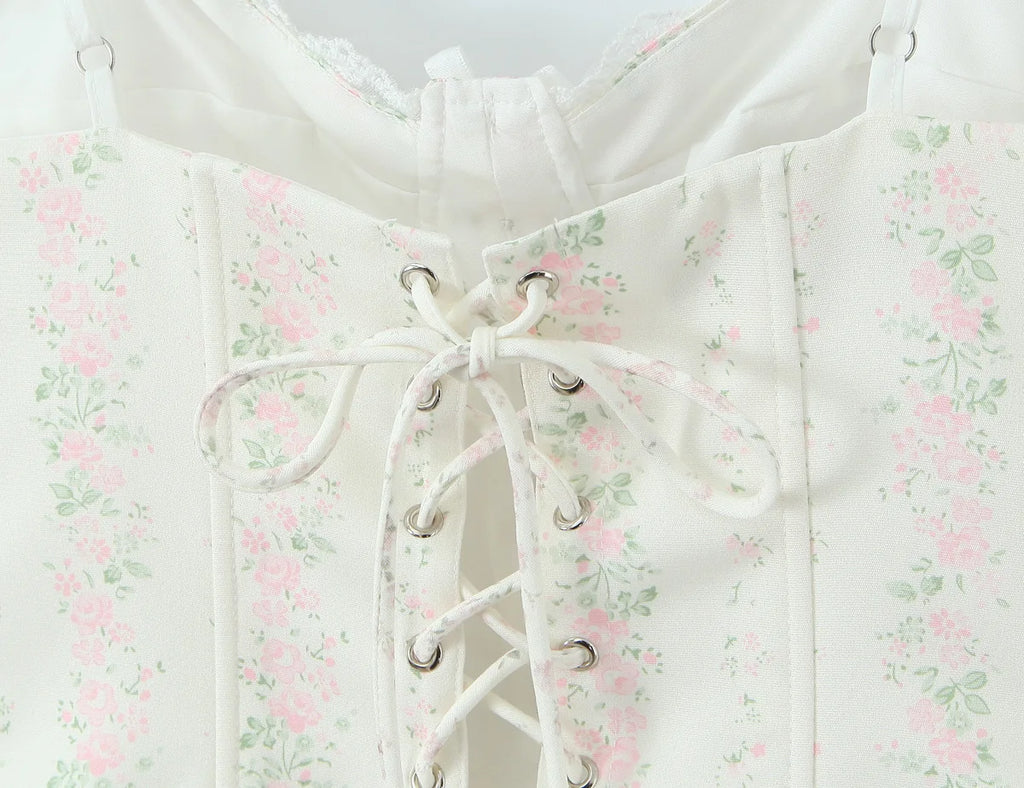Vintage Sweet Floral Print Mini Dress Set Strapless Crop Top Bodycon Skirts Outfit