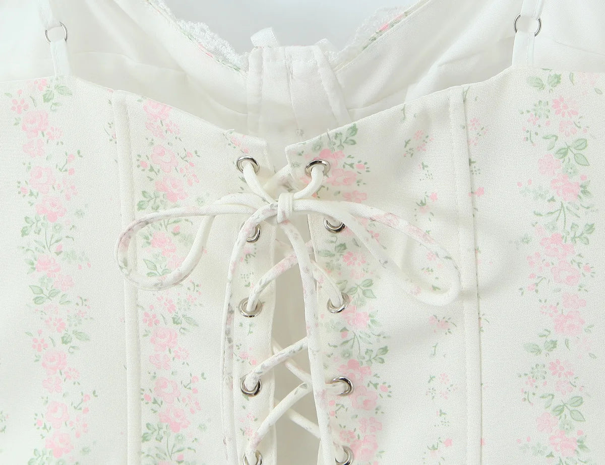 Vintage Sweet Floral Print Mini Dress Set Strapless Crop Top Bodycon Skirts Outfit