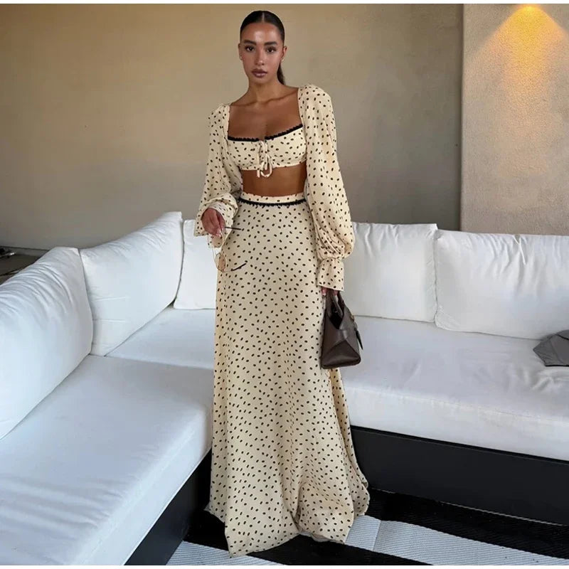 Polka Dot Square Collar Crop Top And High Waist Maxi Skirt Set Outfit