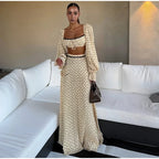 Polka Dot Square Collar Crop Top And High Waist Maxi Skirt Set Outfit