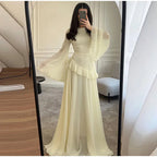Flare Sleeve Maxi Dress With Ruffle Detail O Neck High Waist Pleated