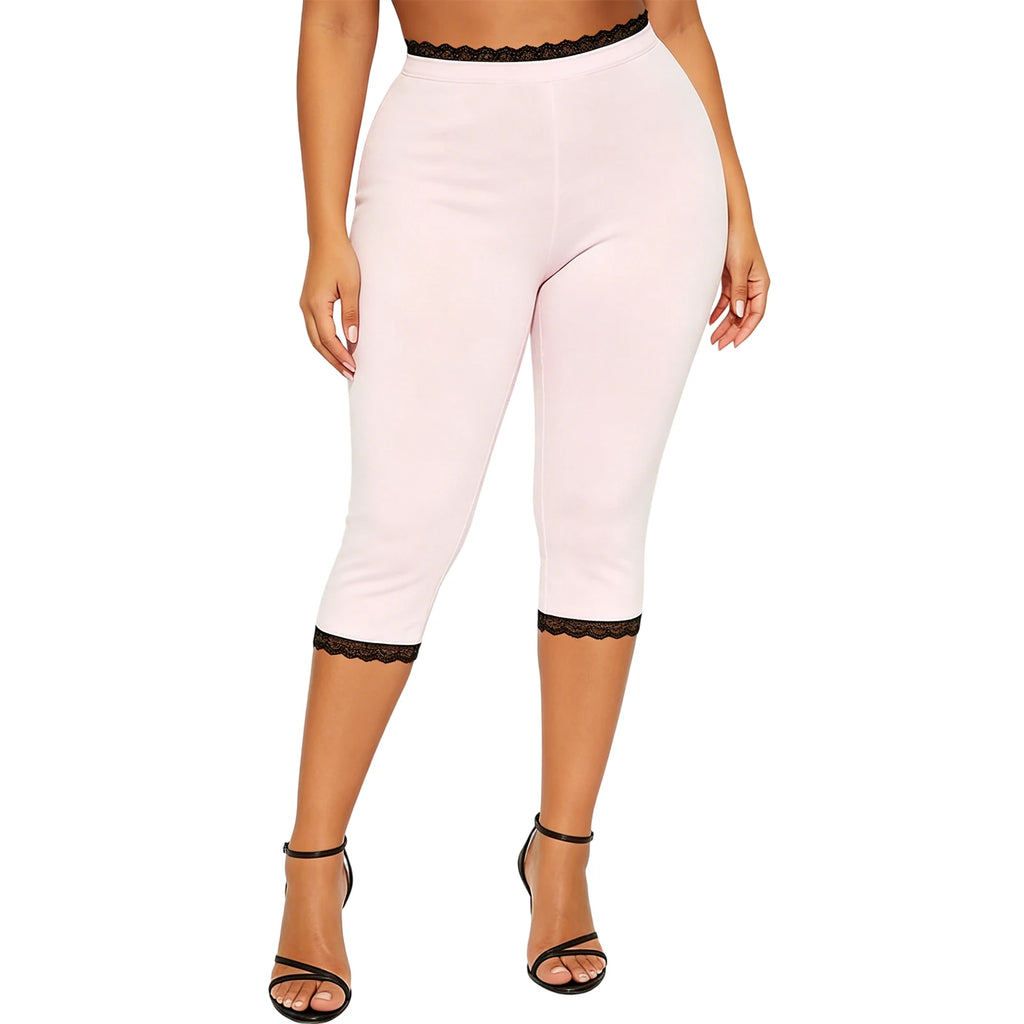 Retro Lace Trim Capri Pants With Elastic Waist