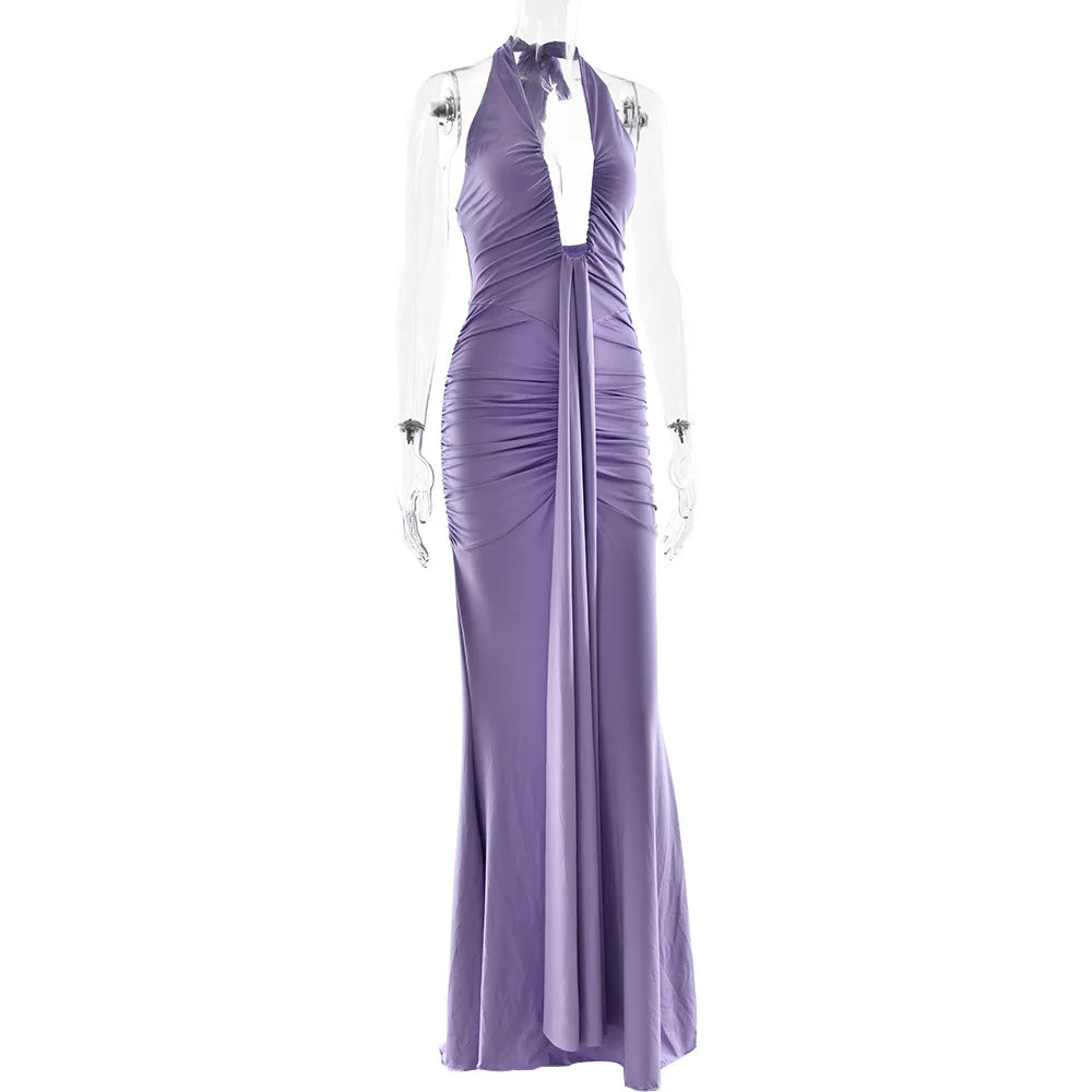 Deep V-Neck Backless Ruched Maxi Dress Halter Gown