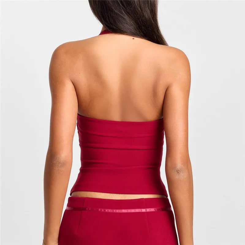 Women’s Solid Halter Neck Tank Tops Y2K Retro Cut Out Front Metal Decor Sleeveless