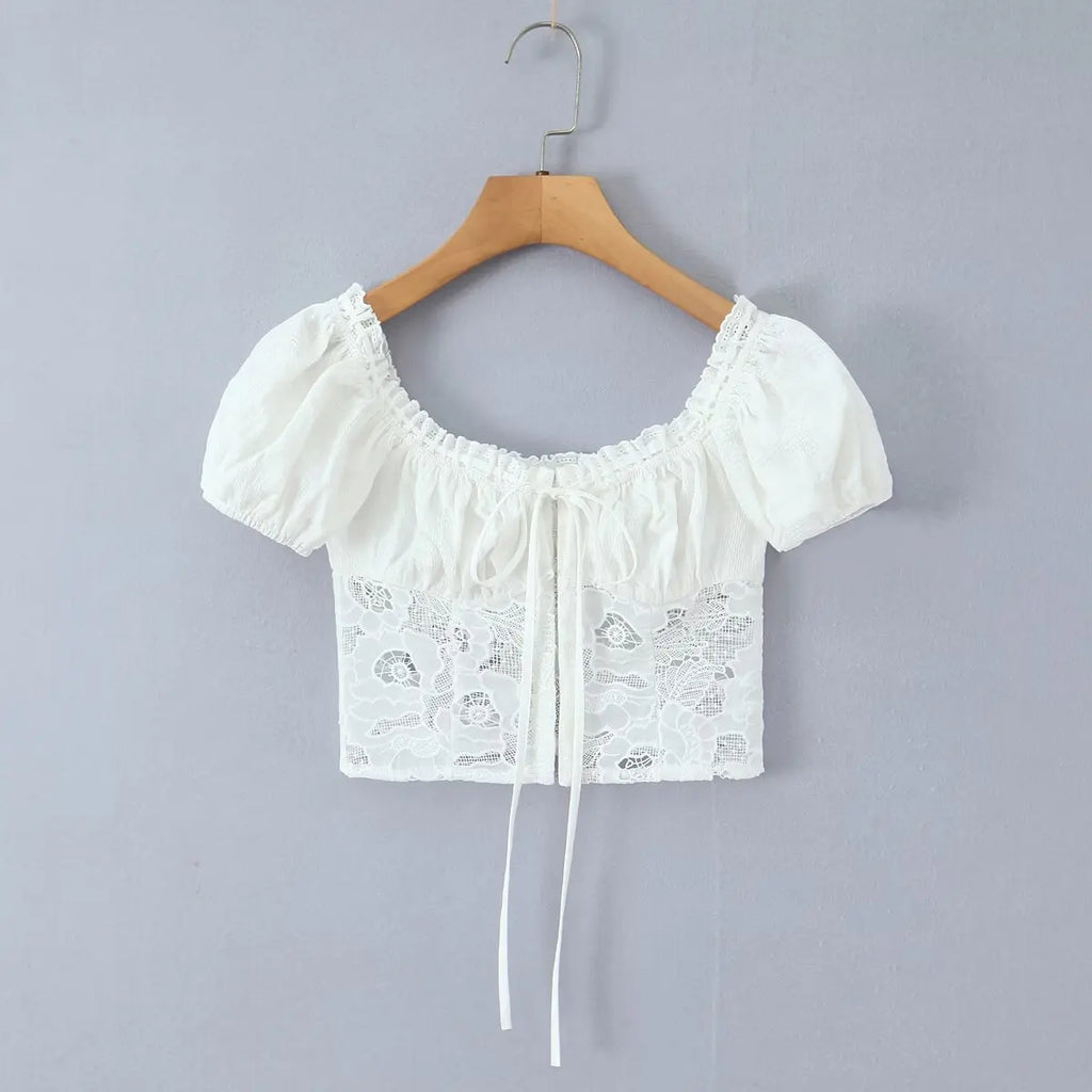 Romantic Lace Patchwork Off Shoulder Puff Sleeve Crop Top