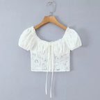 Romantic Lace Patchwork Off Shoulder Puff Sleeve Crop Top