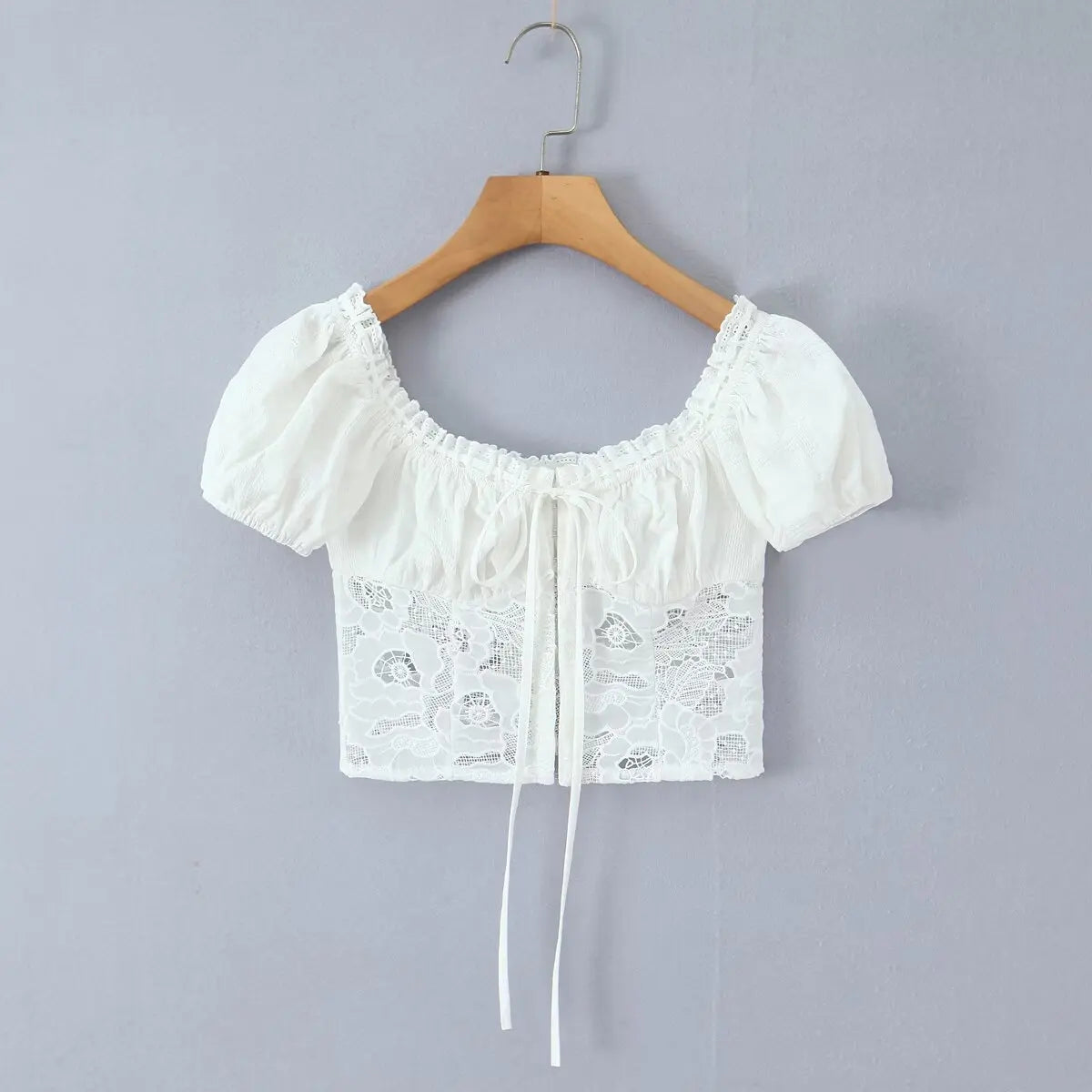 Romantic Lace Patchwork Off Shoulder Puff Sleeve Crop Top