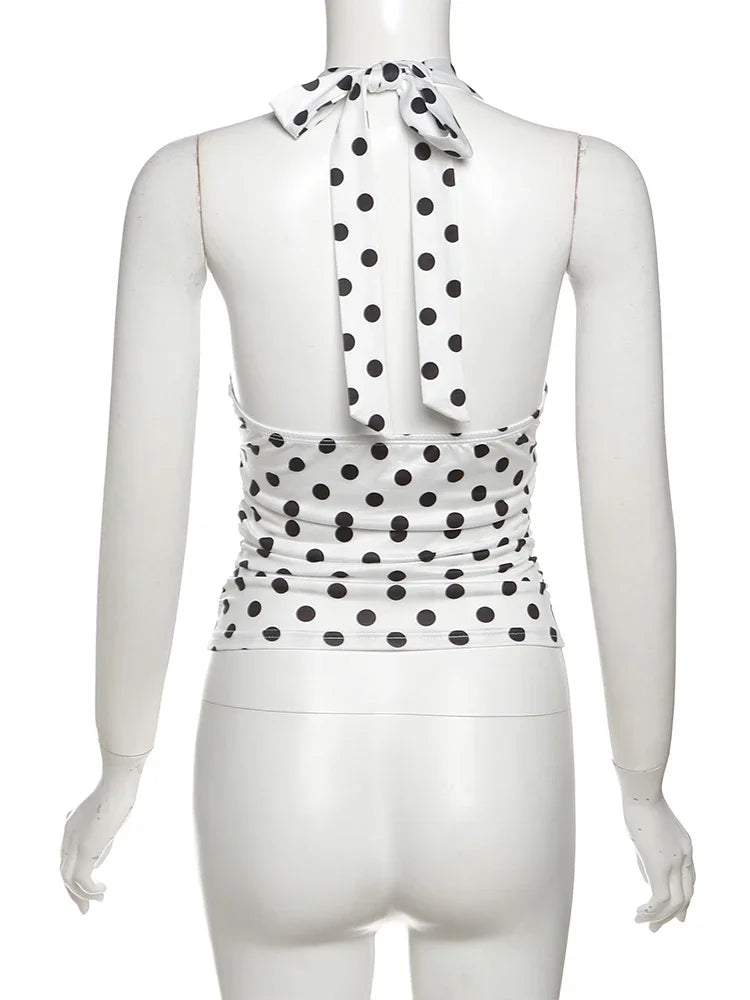 Polka Dot Halter Tank Top With Backless Lace Up Detail Chic Summer