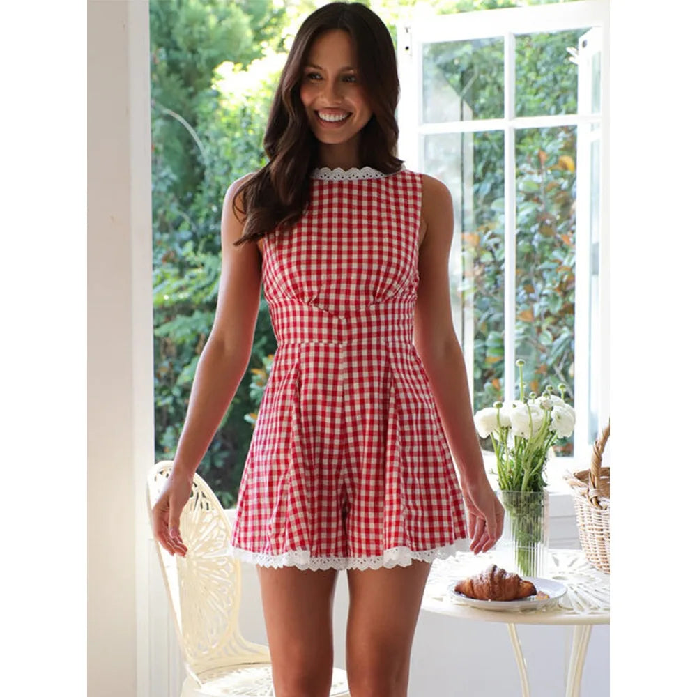 Plaid Lace Romper With High Waist And Wide Leg Sleeveless Playsuit