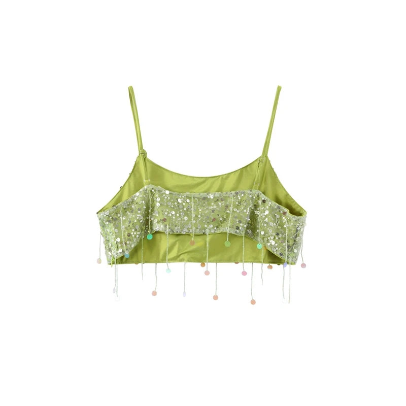 Beaded Sequin Two Piece Set Sleeveless Backless Crop Top And Mini Skirt Glam Outfit