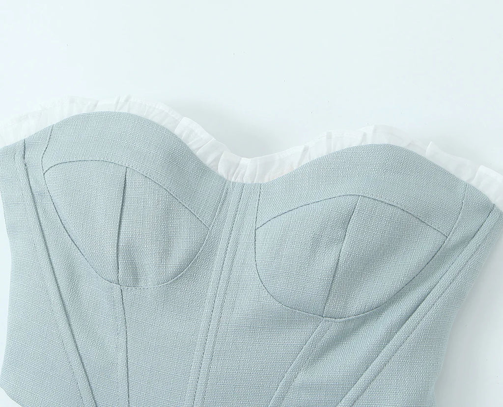 Sultry Gray And White Spliced Corset Crop Top With Fishbone Bodice