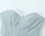 Sultry Gray And White Spliced Corset Crop Top With Fishbone Bodice
