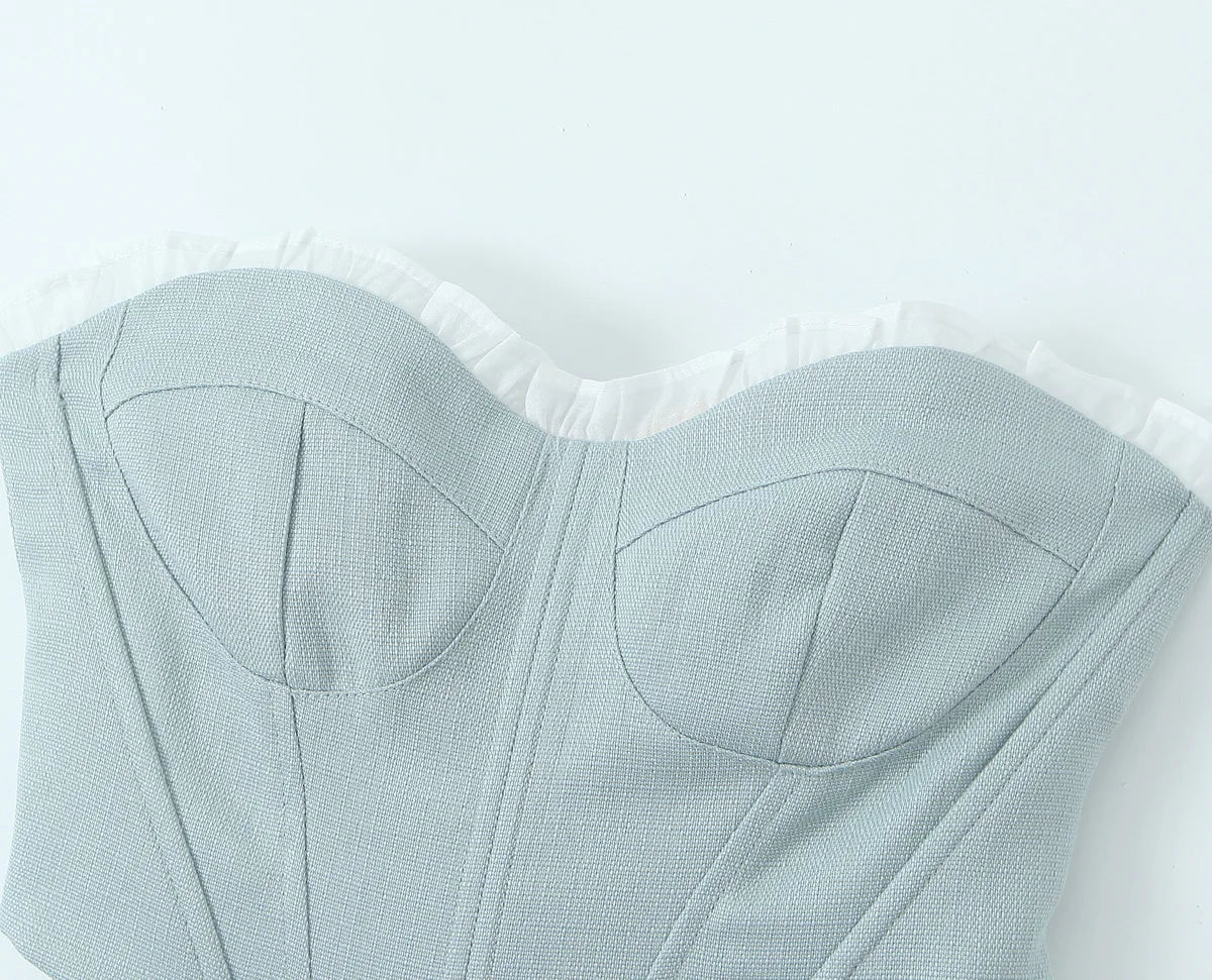 Sultry Gray And White Spliced Corset Crop Top With Fishbone Bodice