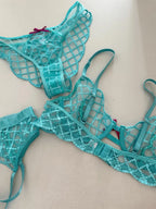 Lace Ultra-Thin Push-Up Bra Panty and Garter Set in Blue Transparent Lattice