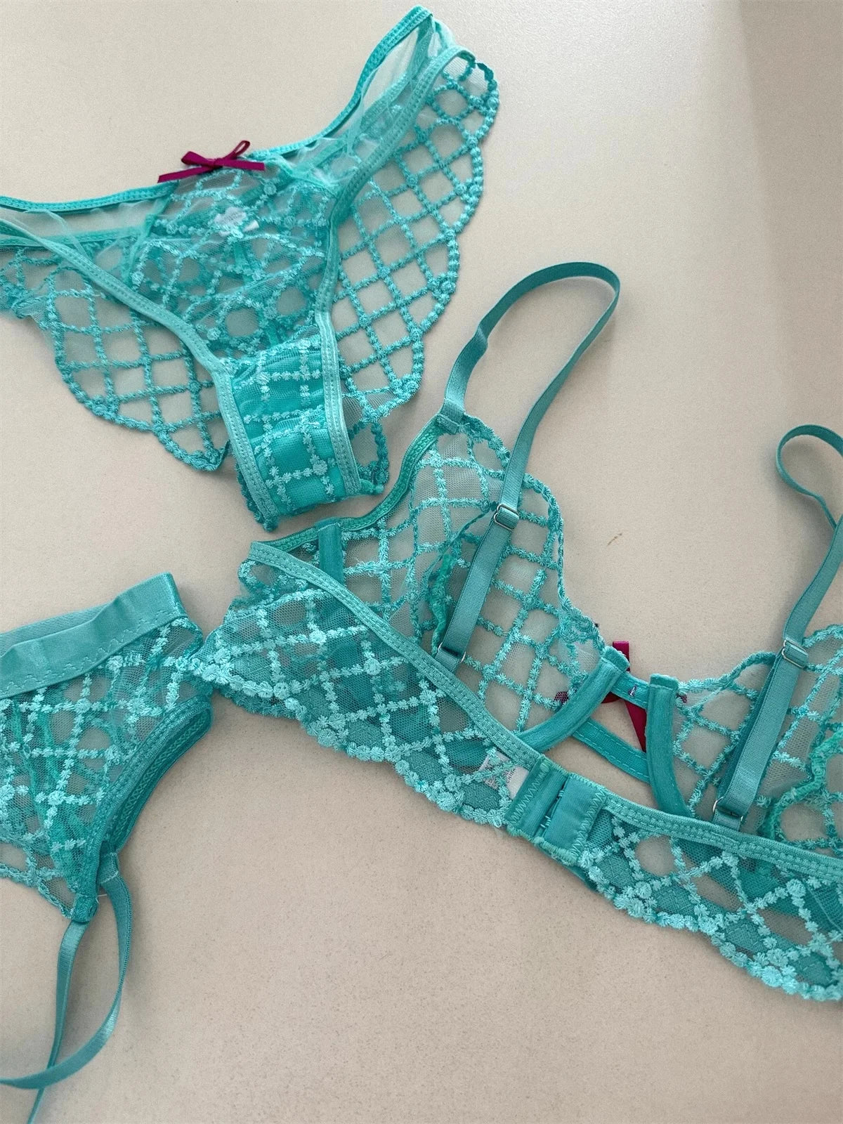 Lace Ultra-Thin Push-Up Bra Panty and Garter Set in Blue Transparent Lattice