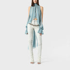 Off Shoulder Chiffon Blouse With Lightweight Fit Asymmetrical Hem And Bow Detail