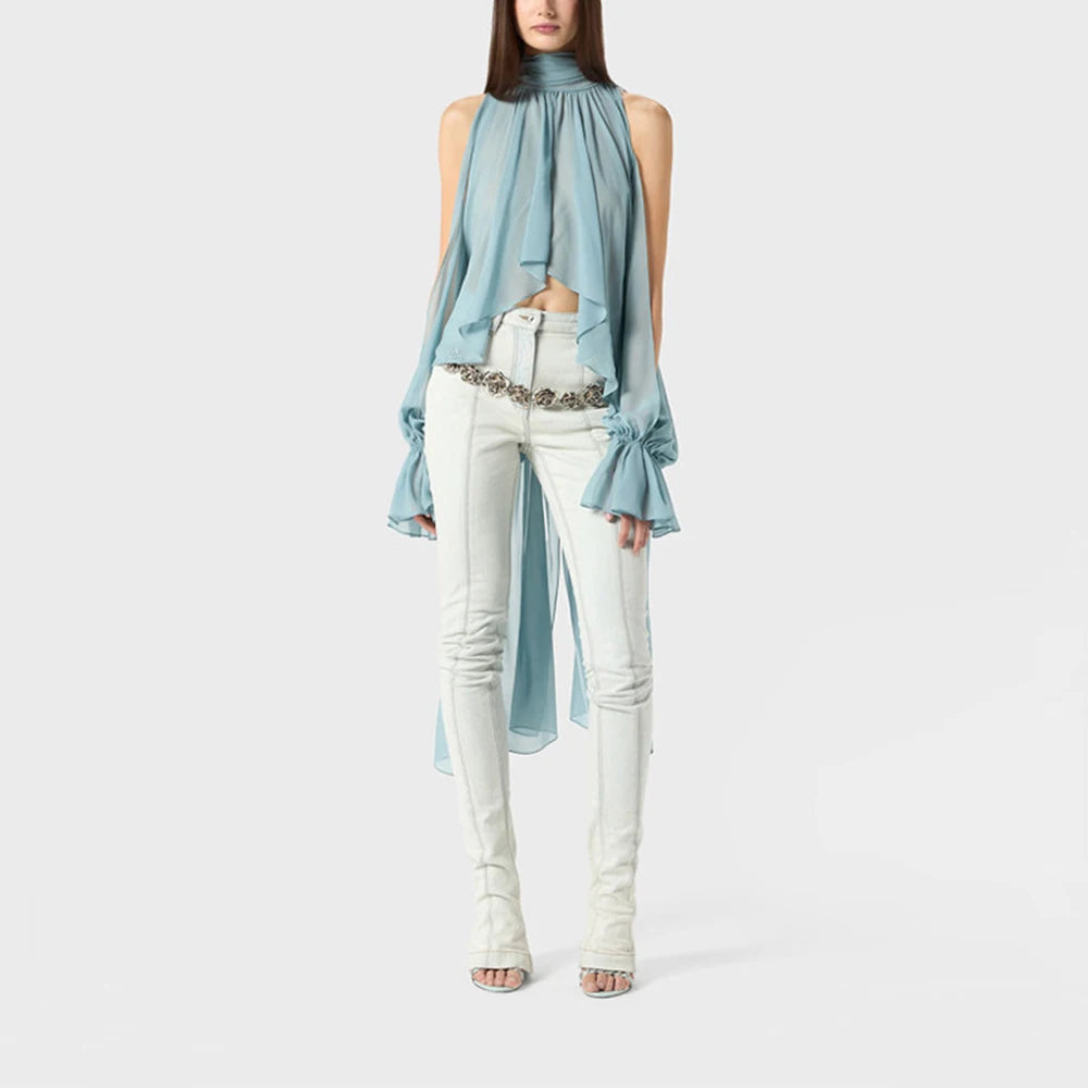 Off Shoulder Chiffon Blouse With Lightweight Fit Asymmetrical Hem And Bow Detail
