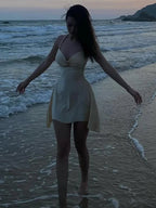 Metallic Satin Halter Mini Dress With Backless Ruched Silhouette