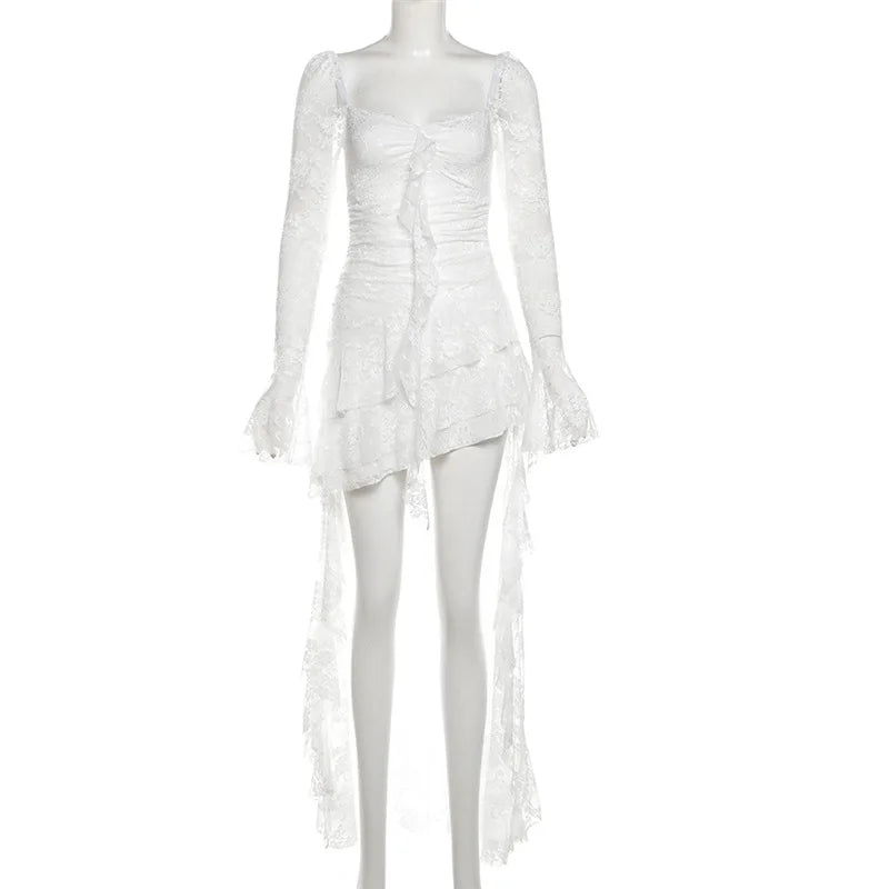 Gothic Fairycore Lace A Line Dress With Flare Sleeves And Square Neck