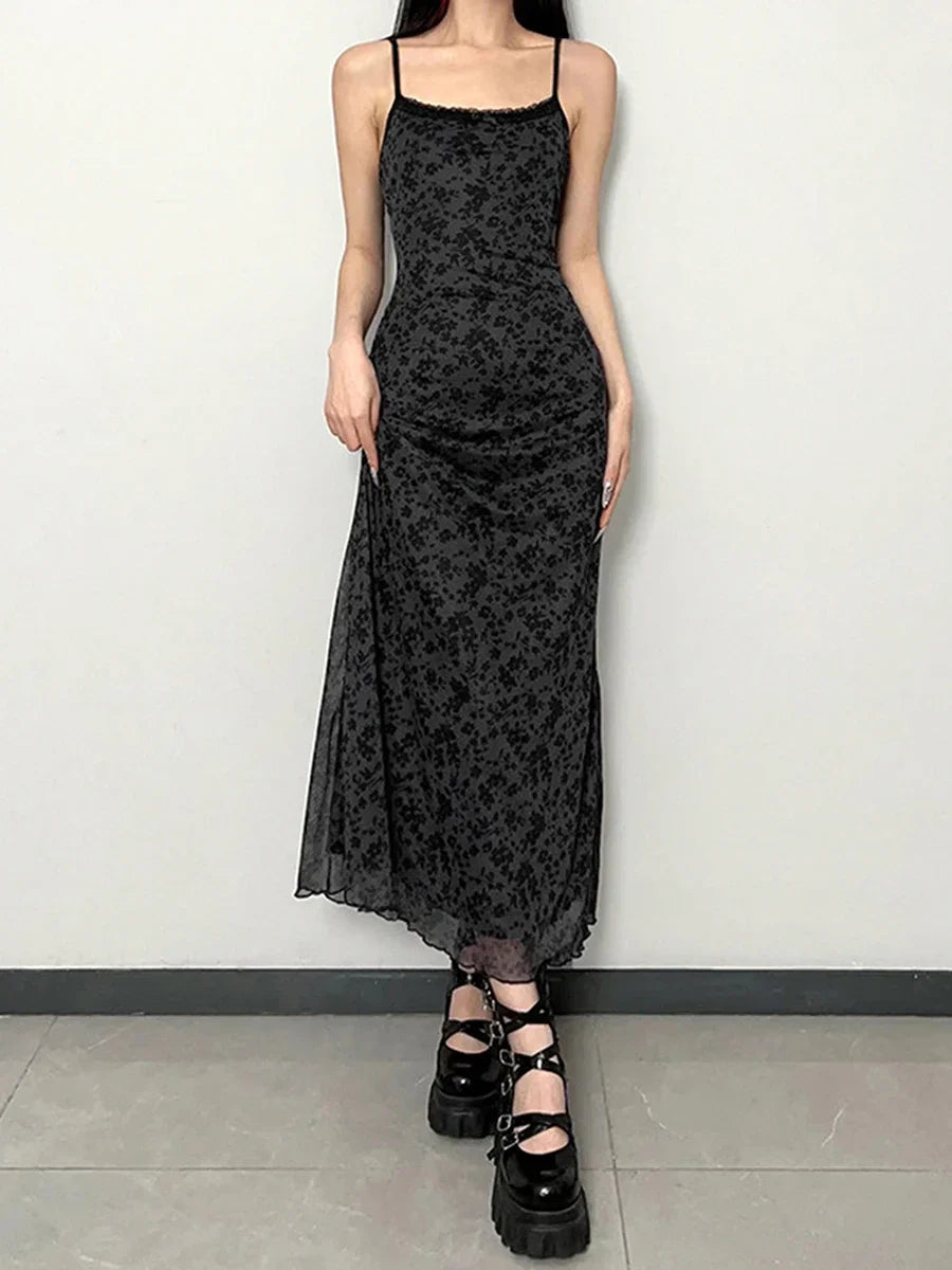 Floral Lace Trim Cami Maxi Dress Elegant Sleeveless Silhouette