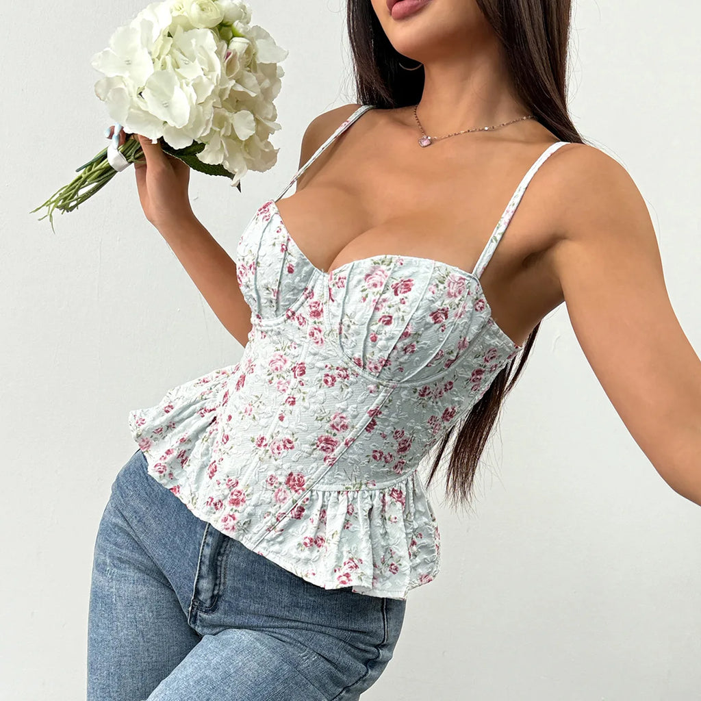 Floral Print Coquette Crop Corset Top With Spaghetti Straps And Ruffle Hem