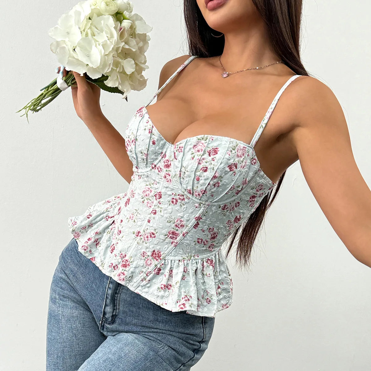 Floral Print Coquette Crop Corset Top With Spaghetti Straps And Ruffle Hem