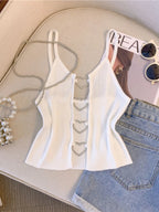 Ribbed Crop Top With Sleeveless Back Heart Decor Cami