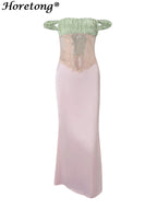 Color Block Off Shoulder Satin Maxi Dress With Lace Mesh Corset Bodice Elegant Evening Gown