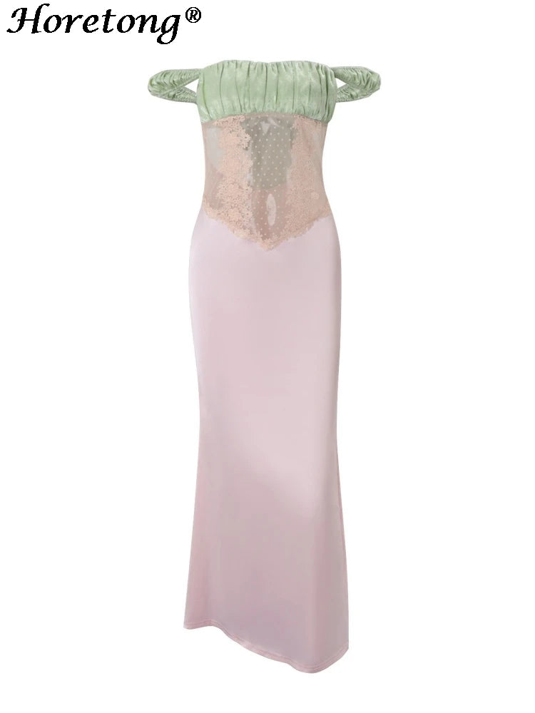 Color Block Off Shoulder Satin Maxi Dress With Lace Mesh Corset Bodice Elegant Evening Gown