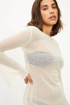 Seaside Sheer Beach Mini Dress With Ruffled Bell Sleeves Chic Vacation Cover Up Tunic