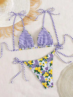 Sexy Fruits Pprint Striped Bikinis Set Two-pieces Back Tie Thong